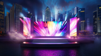 Vibrant Stage Setup with Colorful Lights and City Skyline at Night