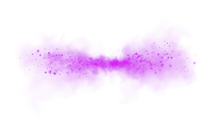 Fantastic purple smoke background. Magic purple smoke with glitter and small particles of twinkling stars. Fog with luminous particles. Purple vapor with stardust. Morning fog over land or water. PNG.