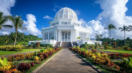 Obraz premium The Baha'i House of Worship in Samoa is a stunning building surrounded by lovely gardens. It's a place where people come together to worship and experience the sacred.