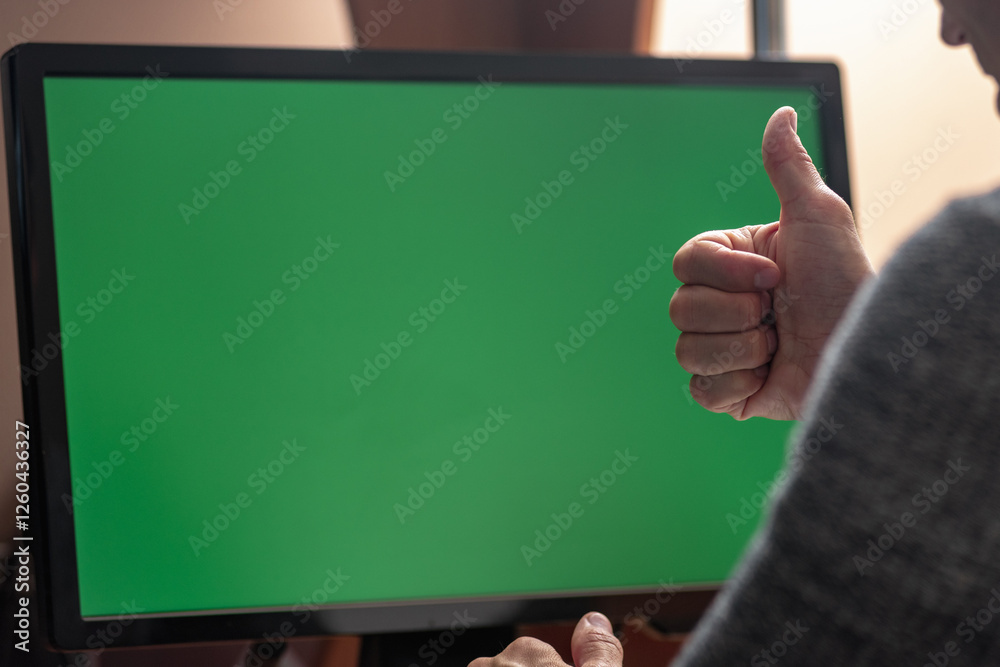 Poster closeup of man working on computer with blank chromakey screen workspace area and showing thumb up, 