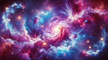 Cosmic galaxy background featuring vibrant nebula clouds, glowing stars, and a deep space vortex.