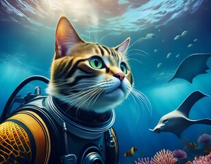サンゴ礁を探検するスキューバダイバー猫