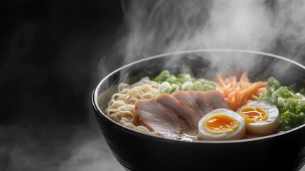 Steaming bowl of flavorful ramen with pork slices and soft boiled eggs