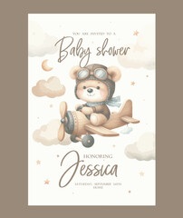 Watercolor invitation card for baby shower with a pilot bear on an airplane.