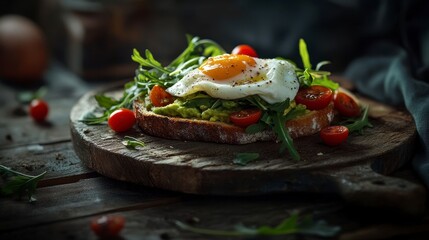 A fresh homemade avocado toast with poached egg 