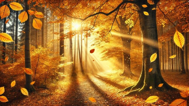Autumn forest background with golden leaves, warm sunlight, and a scenic pathway through the woods.