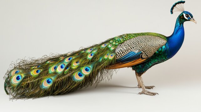 The Spalding Cameo Peacock is a beautiful breed known for its colorful feathers. It has shiny green, blue, and gold feathers.