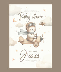 Watercolor invitation card for baby shower with a pilot bear on an airplane.