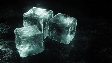 Obraz premium Three ice cubes on dark surface, cool background, drink refreshment