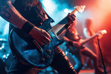 Obraz premium Metal guitarist playing an electric guitar on stage at a live rock concert with dramatic lighting and energy