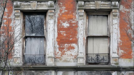 Weather-beaten windows stood tall in the deserted house's facade.