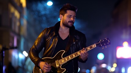 Obraz premium Night City Guitarist: A Musician's Passion Under Urban Lights