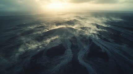 Fototapeta premium Otherworldly Volcanic Surface with Sunlit Horizon – Premium Visual for Commercial & Creative Projects