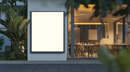 blank poster display outside modern restaurant, surrounded by greenery, invites creativity and attention. inviting atmosphere suggests welcoming dining experience