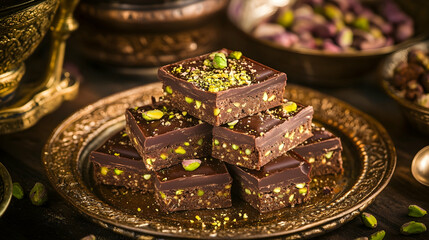 Pieces of Dubai chocolate bar with pistachios and knafeh on a table close-up 16:9 - Image #3 @fme39856