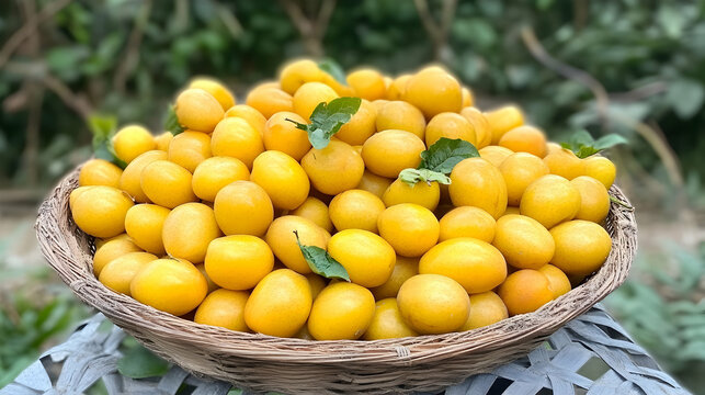 Pile of fresh yellow marian plum (Plango) in a basket after cultivation, ready for sale