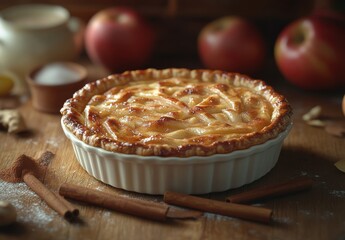 Freshly Baked Apple Pie with Golden Crust Surrounded by Cinnamon Sticks and Red Apples on a Wooden Table in a Rustic Kitchen Setting