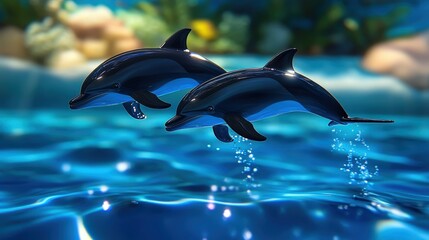 Obraz premium Two playful dolphins swim gracefully through crystal clear blue water, showcasing their agility and intelligence in a vibrant underwater setting filled with marine life.