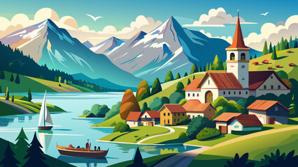 Naklejka premium Panoramic view on beautiful Swiss Alps surrounding Lake Lucerne