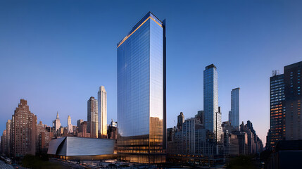 Obraz premium Blue clean glass wall of modern skyscraper, glass buildings with cloudy blue sky background 