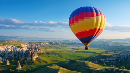 Obraz premium A vibrant hot air balloon floats gracefully over lush green hills under a clear blue sky. This scenic landscape showcases the beauty of nature and the thrill of adventure.