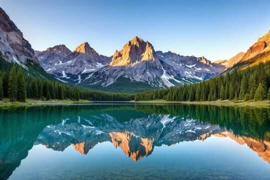 Scenic mountain landscape featuring a serene lake reflecting rugged snow-capped peaks and dense green forest under a clear blue sky. Nature background. Ai generative