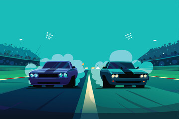 High-octane drag race at night; burning tires, roaring engines, blurred motion, intense atmosphere, vibrant lights.