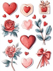 Romantic planner stickers. Love elements, hand drawn cute valentines. Scrapbooking design for diary or agenda, lovely card exact vector set