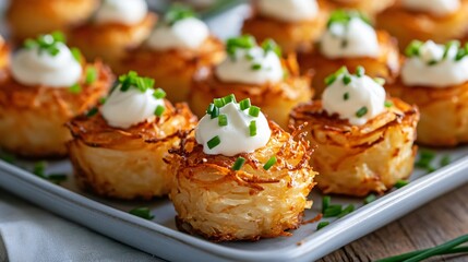 A New Year’s brunch buffet with an elegant tray of hash brown casserole bites, topped with crème fraîche and fresh chives