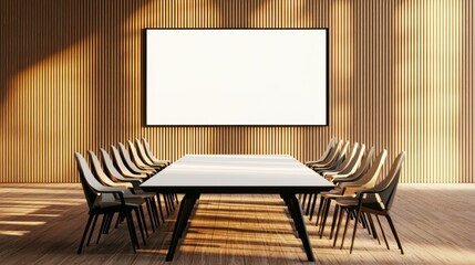 Modern Conference Room Setup with Empty Table and Wooden Wall Design for Professional Meetings