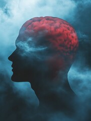 Obraz premium head and mind brain sky background red blue foggy background cloudy head brain fog loneliness anxiety pensive mental health awareness psychology psychiatry mindfulness