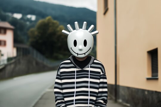 Person wearing a unique smiling mask stands on a quiet street in a suburban town during daylight hours