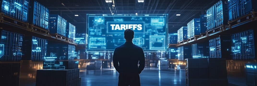 Businessman holding virtual interface panel of global logistics network distribution and transportation with TARIFFS text, Smart logistics, Innovation future of transport on large warehouse