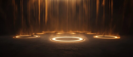 Dark room with a row of circular lights in the center. the lights are arranged in a way that creates a sense of depth and dimension.