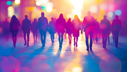 Silhouetted figures walking through a vibrant, colorful city at night.  The image evokes a feeling of movement and urban energy.