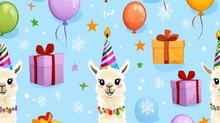 Fototapeta premium Cute llama character with festive decorations, balloons, stars, and gift boxes on a cheerful blue background