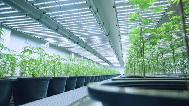 Shot of big marijuana indoor farm, cannabis factory, weed for medicine innovation. Indoor farming technology, medical and research with natural CBD THC for alternative use, green environment surround