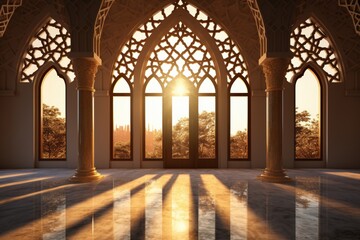 Obraz premium Beautiful Islamic Mosque Interior with Intricate Architectural Details and Warm Light Cascading Through Stunning Windows During Sunset, Grand Hall of a Gilded Palace