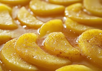 Freshly Sliced Yellow Apples Glazed in Sweet Cinnamon Sauce for Dessert or Culinary Decoration in a Bright and Appealing Presentation