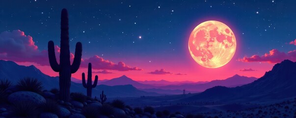 Fototapeta premium Silhouetted cacti against a moonlit desert night, desert plant, moonlit night, night photography