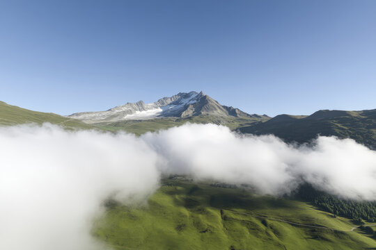 Captivating mountain panorama featuring lush green landscapes and serene clouds under clear blue skies - Powered by Adobe