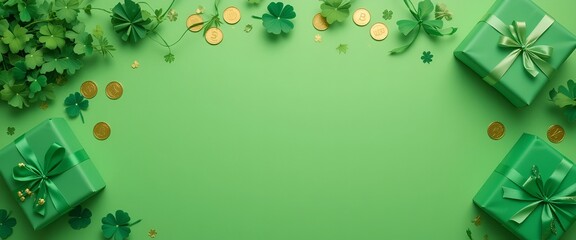 Festive green background with shamrocks, gold coins, and sparkling details, St. Patrick’s Day celebration theme  
