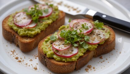 Fresh avocado toast with sliced radish and microgreens on whole grain bread, healthy vegetarian breakfast concept