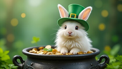 Cute white rabbit in a black pot filled with gold coins, wearing a leprechaun hat, St. Patrick’s Day theme  