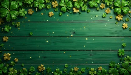 Rustic green wooden background with shamrocks and gold details, St. Patrick’s Day festive backdrop  