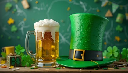 Glass mug of frothy green beer with a leprechaun hat, St. Patrick’s Day pub celebration theme  