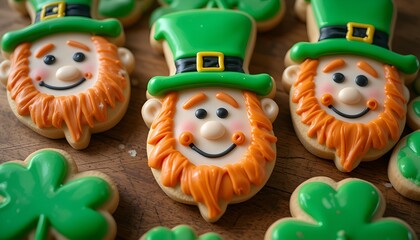 St. Patrick’s Day decorated gingerbread cookies shaped like leprechauns, festive holiday treats  
