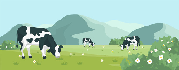 A vector background of landscape featuring a farm, lush grass, and a dairy cow, set against rolling hills and mountains. Ideal for countryside projects.