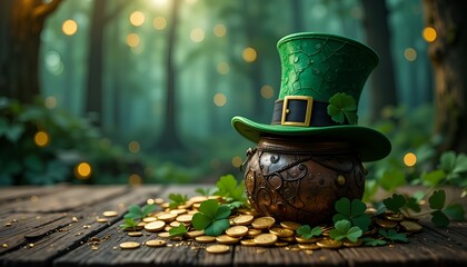 Green leprechaun hat and pot of gold on a forest floor, magical St. Patrick’s Day folklore scene  