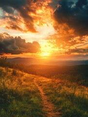 Obraz premium Landscape with dramatic light - beautiful golden sunset with saturated sky and clouds, peaceful nature serene background.